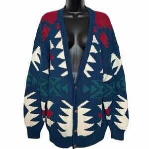 VINTAGE 80s 90s BOHO AZTEC WESTERN LONG CARDIGAN SWEATER EMBASSY ROW SIZE XL